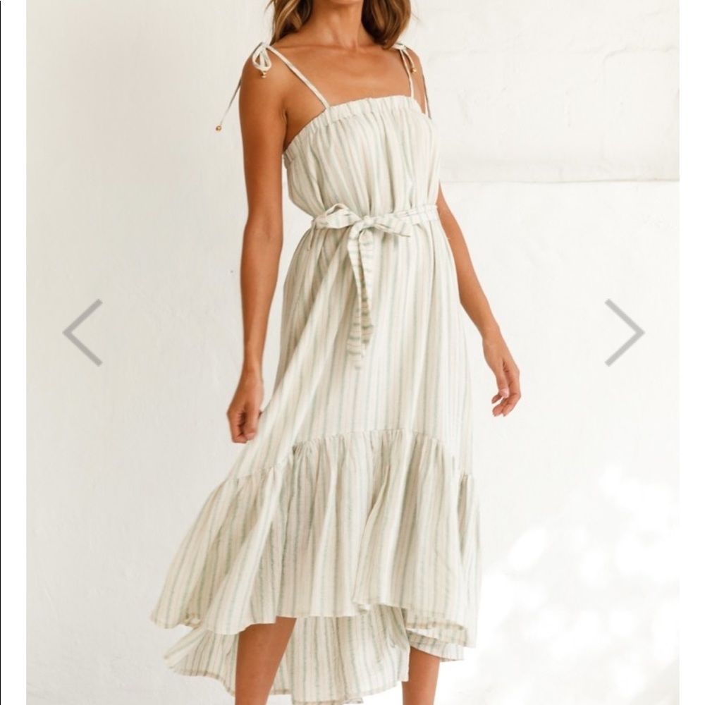 Tied-Shoulder Midi Dress Stripe Pattern Olive